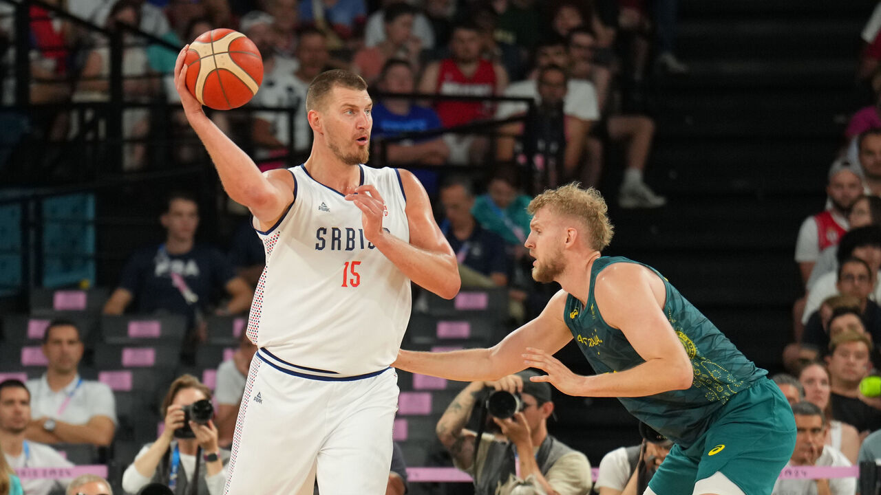 PARIS, FRANCE - AUGUST 6: Nikola Jokic #15 of Team Serbia passes the ball during the game on August 6, 2024 at the Place de la Concorde in Paris, France. NOTE TO USER: User expressly acknowledges and agrees that, by downloading and/or using this photograph, user is consenting to the terms and conditions of the Getty Images License Agreement. Mandatory Copyright Notice: Copyright 2024 NBAE