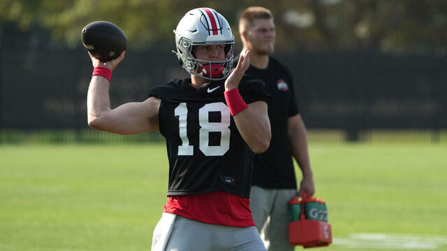 COLUMBUS, OHIO - AUGUST 01: Will Howard #18 of the Ohio State Buckeyes at the throws the ball during fall camp at the Woody Hayes Athletic Center on August 01, 2024 in Columbus, Ohio.