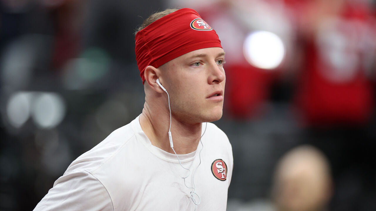 LAS VEGAS, NEVADA - FEBRUARY 11: Christian McCaffrey #23 of the San Francisco 49ers warms-up before Super Bowl LVIII against the Kansas City Chiefs at Allegiant Stadium on February 11, 2024 in Las Vegas, Nevada.