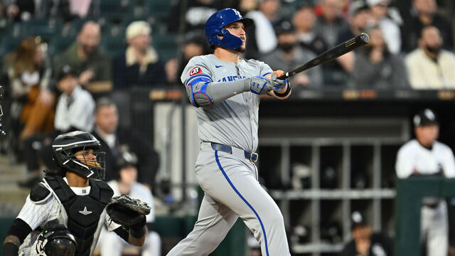 CHICAGO, IL - APRIL 15: Vinnie Pasquantino #9 of the Kansas City Royals hits a home run in the fourth inning against the Chicago White Sox at Guaranteed Rate Field on April 15, 2024 in Chicago, Illinois. All players are wearing the number 42 in honor of Jackie Robinson Day.