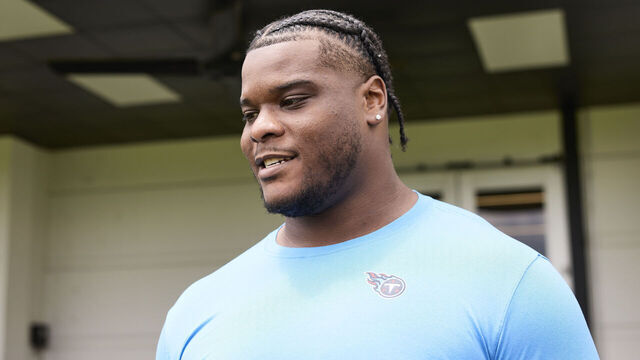 NASHVILLE, TENNESSEE - JUNE 04: Saahdiq Charles #53 of the Tennessee Titans addresses the media during Titans Mandatory Minicamp at Ascension Saint Thomas Sports Park on June 04, 2024 in Nashville, Tennessee.