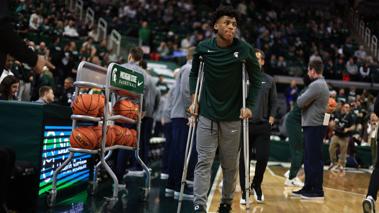 EAST LANSING, MICHIGAN - JANUARY 4: Jeremy Fears Jr. of the Michigan State Spartans looks on from the sideline before a game against the Penn State Nittany Lions at Breslin Center on January 4, 2024 in East Lansing, Michigan.