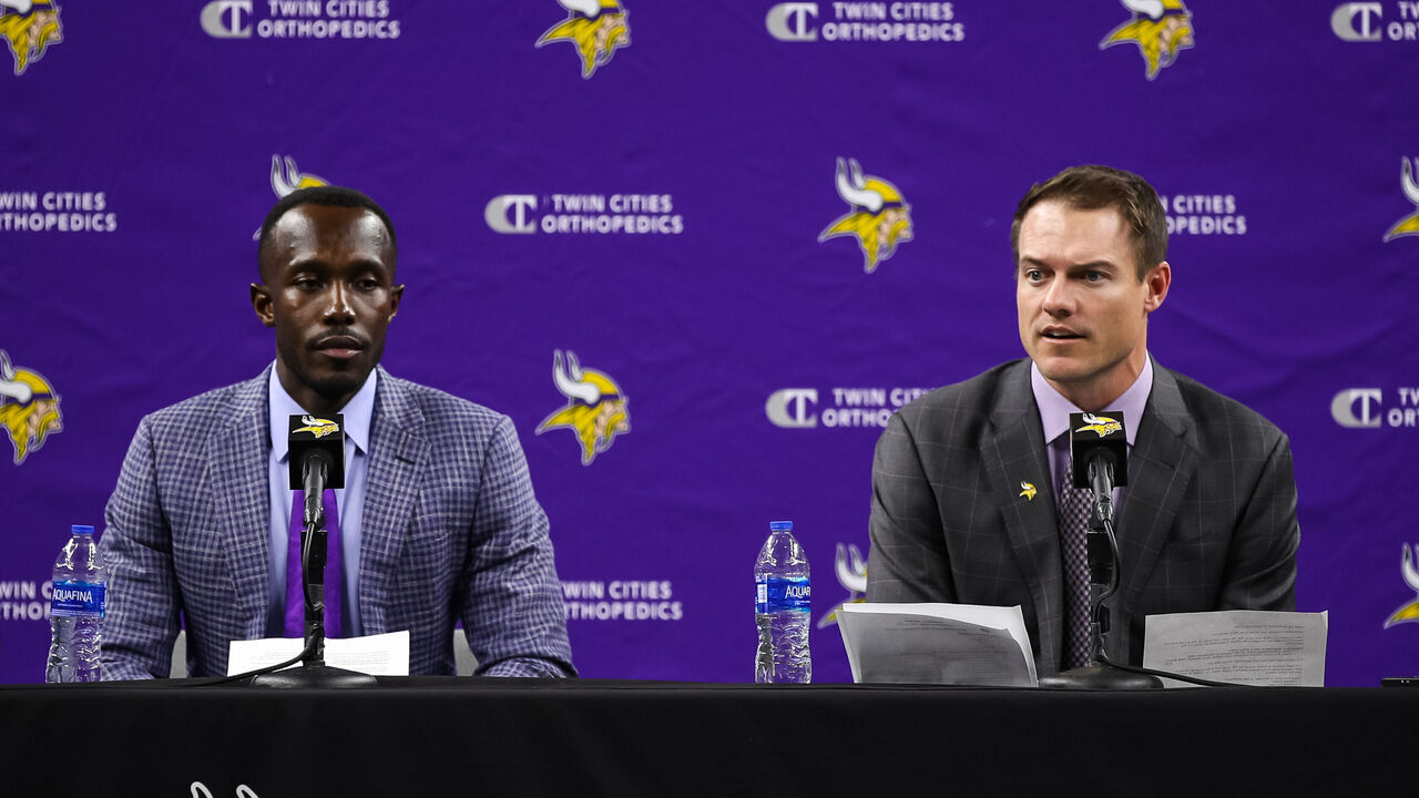 EAGAN, MN - FEBRUARY 17: General manager Kwesi Adofo-Mensah (L) and Head coach Kevin O'Connell of the Minnesota Vikings address the media at TCO Performance Center on February 17, 2022 in Eagan, Minnesota.