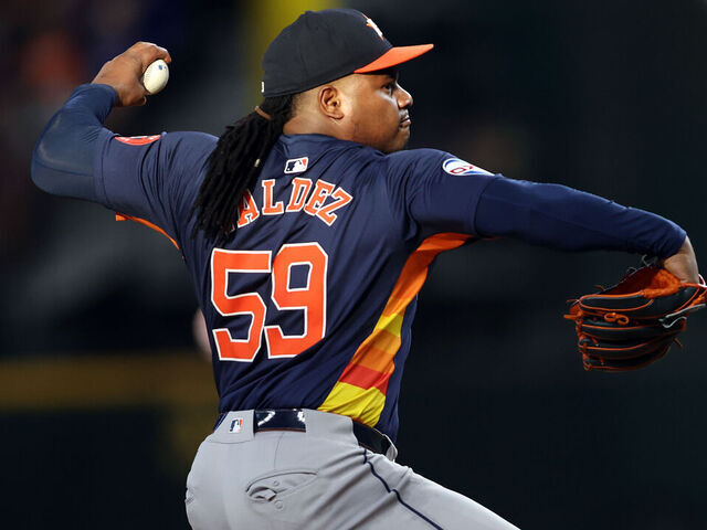 ARLINGTON, TEXAS - AUGUST 06: Framber Valdez #59 of the Houston Astros throws a pitch against the Texas Rangers in the first inning at Globe Life Field on August 06, 2024 in Arlington, Texas.