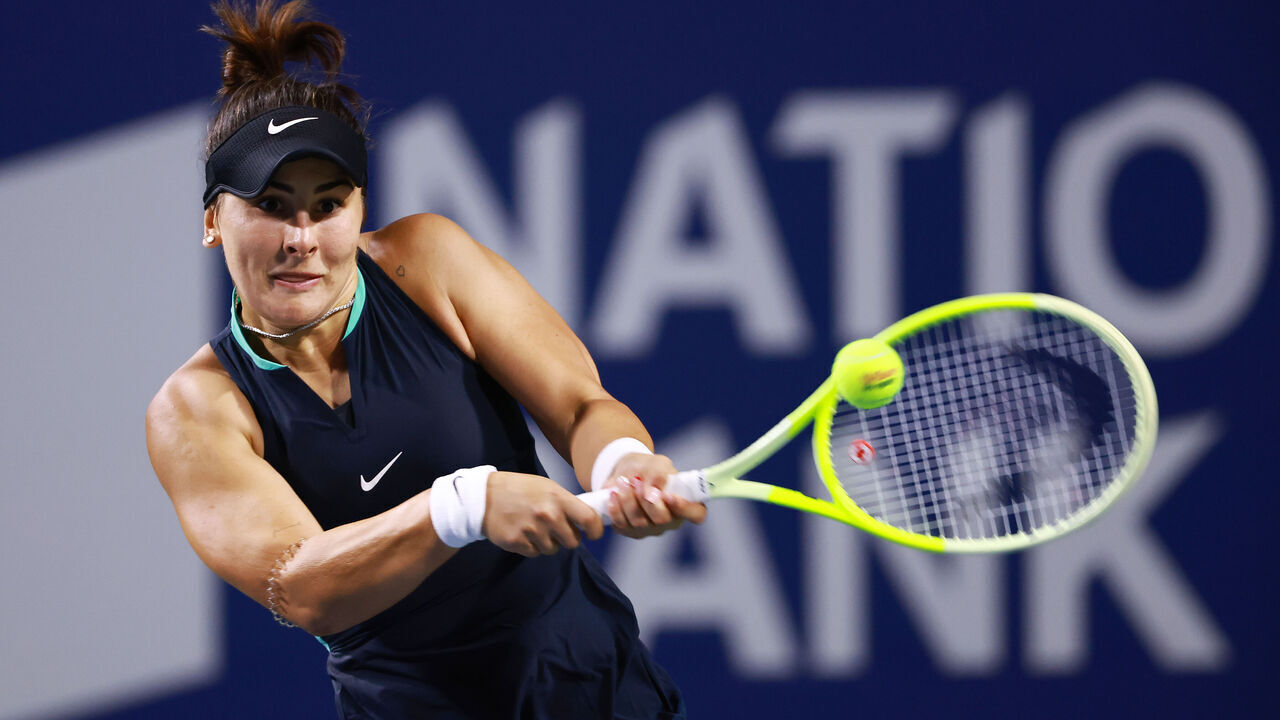 TORONTO, ON - AUGUST 06: Bianca Andreescu of Canada hits a shot against Lesia Tsurenko of Ukraine during Day 1 of the National Bank Open, part of the Hologic WTA Tour at Sobeys Stadium on August 6, 2024 in Toronto, Ontario, Canada.