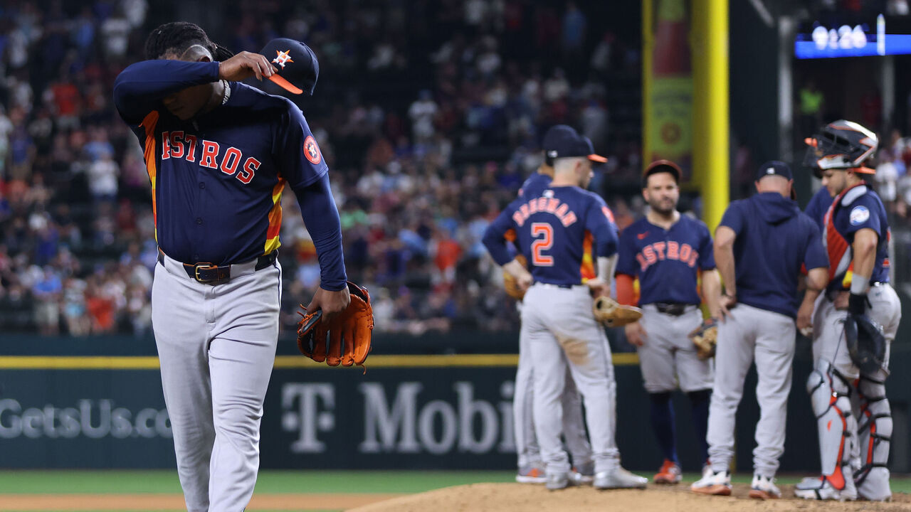 ARLINGTON, TEXAS - AUGUST 06: Framber Valdez #59 of the Houston Astros walks off the field after losing his no-hitter against the Texas Rangers in the ninth inning at Globe Life Field on August 06, 2024 in Arlington, Texas.