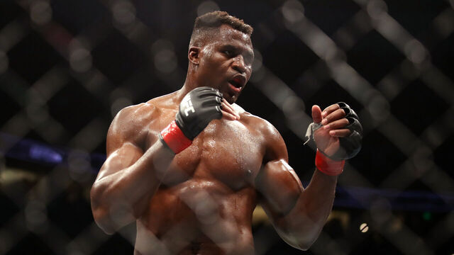 ANAHEIM, CALIFORNIA - JANUARY 22: Francis Ngannou of Cameroon looks on against Ciryl Gane of France in their heavyweight title fight during the UFC 270 event at Honda Center on January 22, 2022 in Anaheim, California.