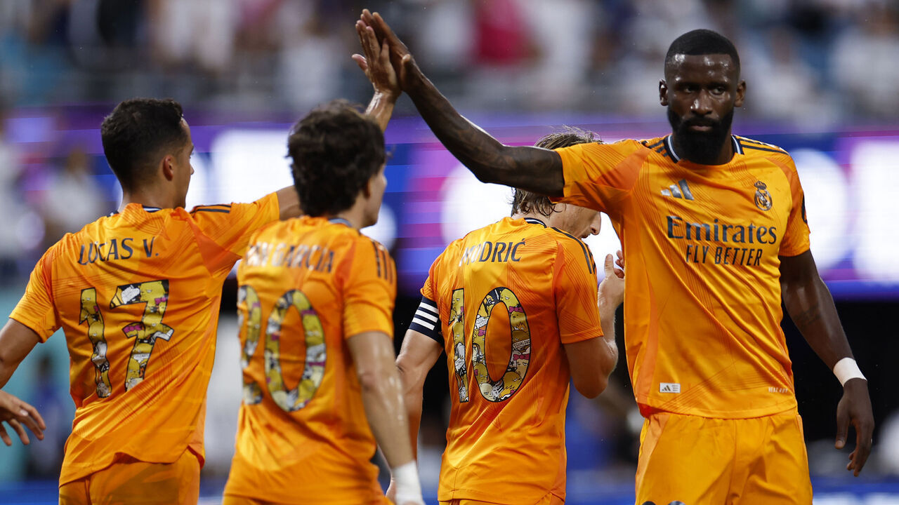 CHARLOTTE, NORTH CAROLINA - AUGUST 06: Real Madrid players celebrates after scoring a goal at Bank of America Stadium on August 06, 2024 in Charlotte, North Carolina.
