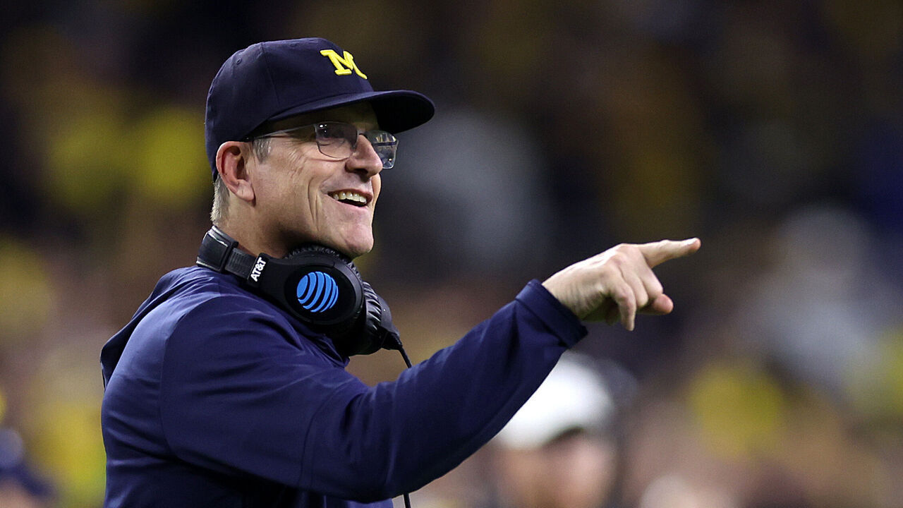HOUSTON, TEXAS - JANUARY 08: Head coach Jim Harbaugh of the Michigan Wolverines looks on in the first half against the Washington Huskies during the 2024 CFP National Championship game at NRG Stadium on January 08, 2024 in Houston, Texas.