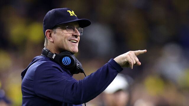 HOUSTON, TEXAS - JANUARY 08: Head coach Jim Harbaugh of the Michigan Wolverines looks on in the first half against the Washington Huskies during the 2024 CFP National Championship game at NRG Stadium on January 08, 2024 in Houston, Texas.