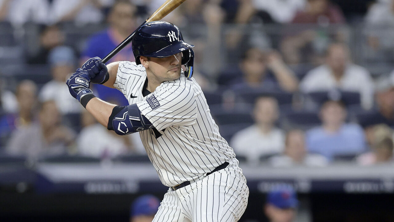 NEW YORK, NEW YORK - JULY 24: J.D. Davis #38 of the New York Yankees in action against the New York Mets at Yankee Stadium on July 24, 2024 in New York City. The Mets defeated the Yankees 12-3.
