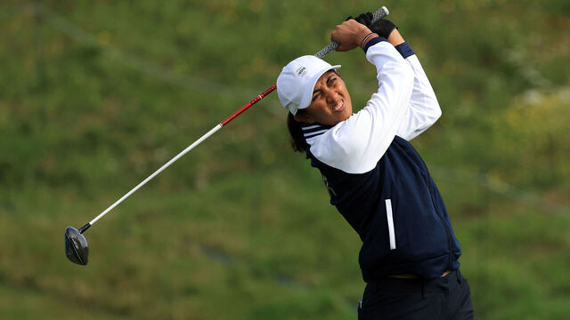 India's Aditi Ashok competes in round 1 of the women's golf individual stroke play of the Paris 2024 Olympic Games at Le Golf National in Guyancourt, south-west of Paris on August 7, 2024.