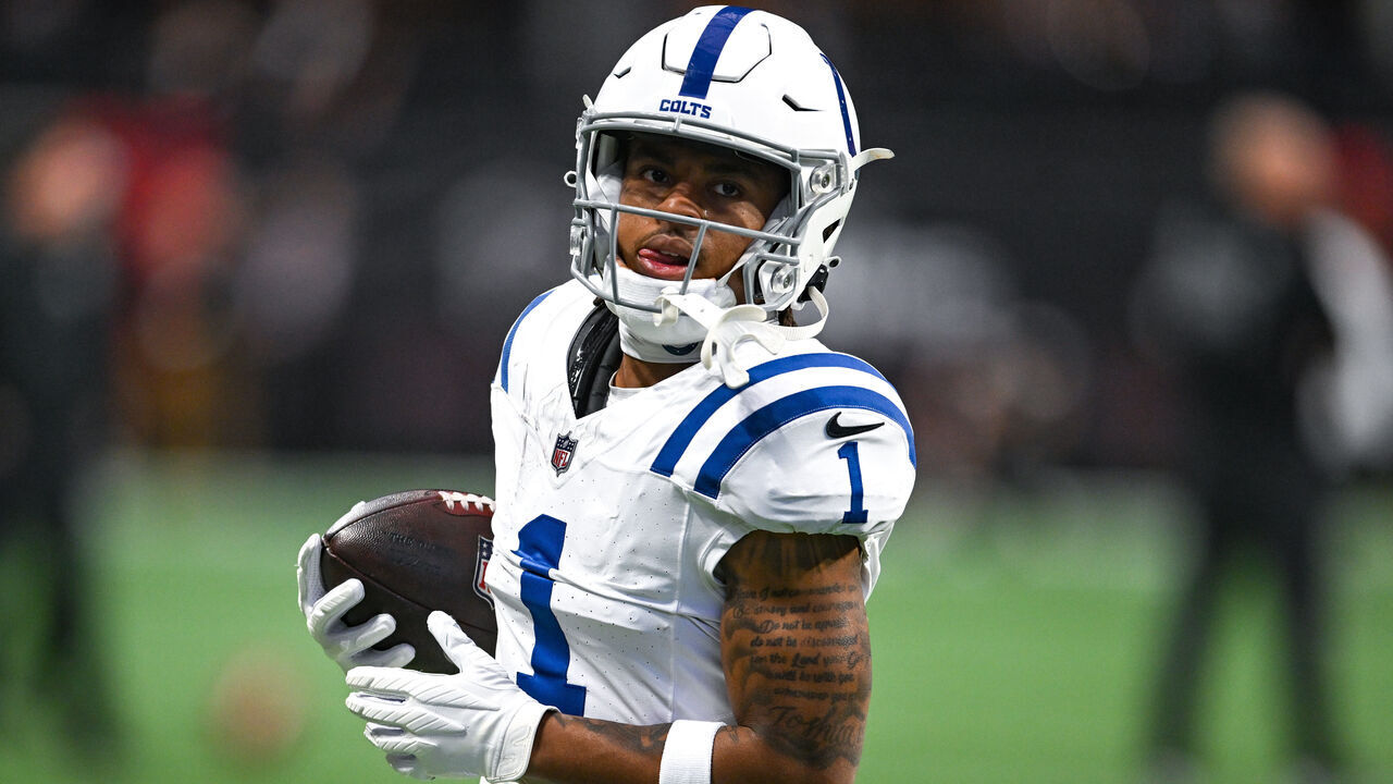 ATLANTA, GA DECEMBER 24: Indianapolis wide receiver Josh Downs (1) warms up prior to the start of the NFL game between the Indianapolis Colts and the Atlanta Falcons on December 24th, 2023 at Mercedes-Benz Stadium in Atlanta, GA.