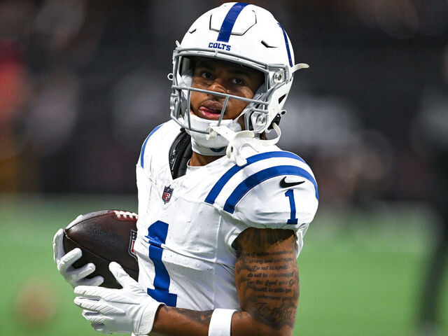 ATLANTA, GA DECEMBER 24: Indianapolis wide receiver Josh Downs (1) warms up prior to the start of the NFL game between the Indianapolis Colts and the Atlanta Falcons on December 24th, 2023 at Mercedes-Benz Stadium in Atlanta, GA.