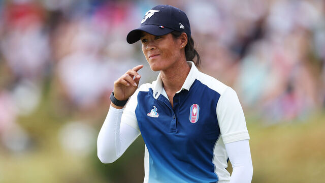 PARIS, FRANCE - AUGUST 07: Celine Boutier of Team France reacts on the 18th green during Day One of the Women's Individual Stroke Play on day twelve of the Olympic Games Paris 2024 at Le Golf National on August 07, 2024 in Paris, France.