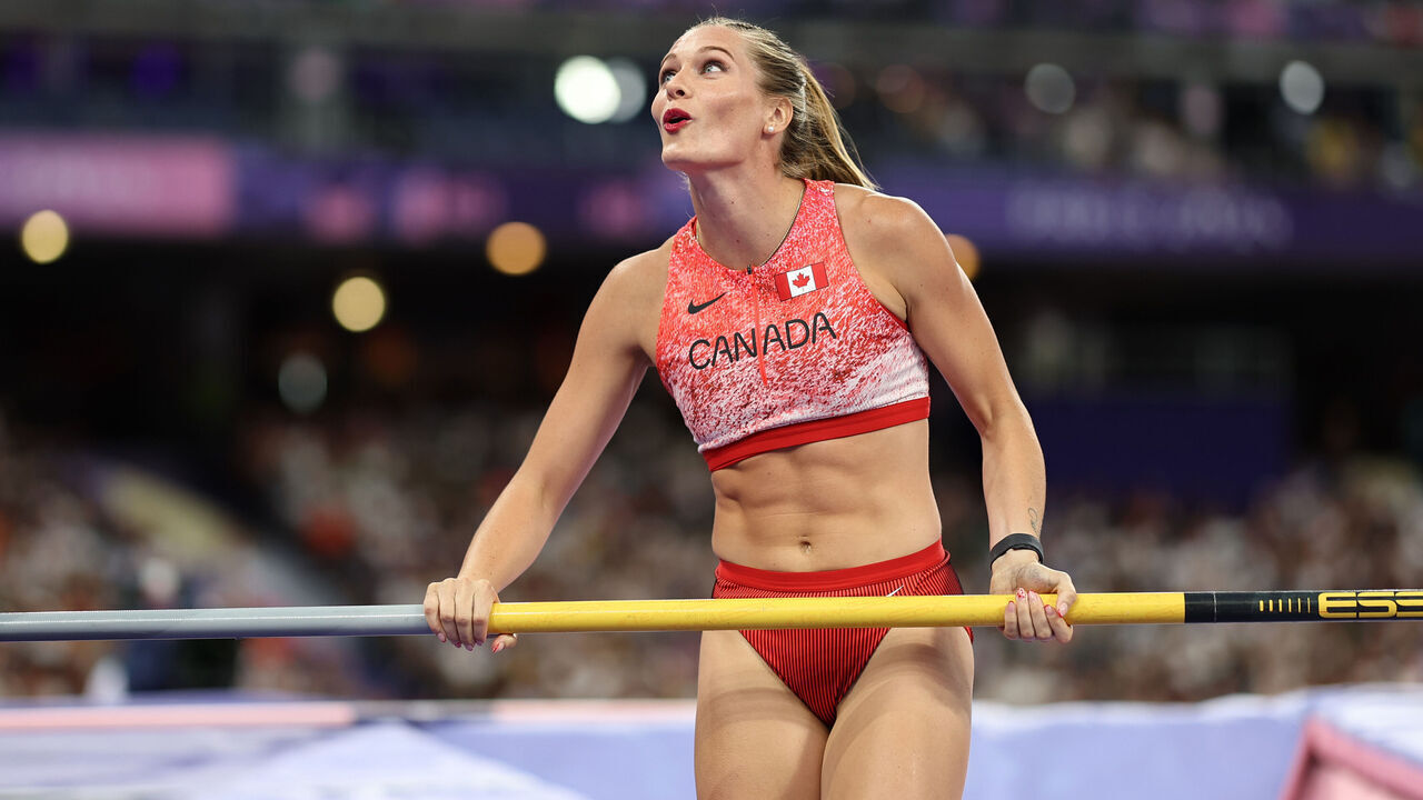 PARIS, FRANCE - AUGUST 07: Alysha Newman of Team Canada reacts while competing during the Women's Pole Vault Final on day twelve of the Olympic Games Paris 2024 at Stade de France on August 07, 2024 in Paris, France.