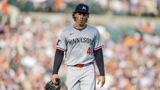 DETROIT, MICHIGAN - JULY 27: Joe Ryan #41 of the Minnesota Twins reacts after pitching in the bottom of the second inning against the Detroit Tigers at Comerica Park on July 27, 2024 in Detroit, Michigan.