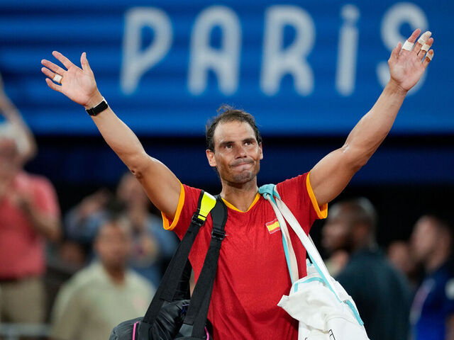 PARIS, FRANCE - JULY 31: Rafael Nadal of Spain waves to the crowd after losing in the Men's Double Quarterfinal on day five of the Olympic Games Paris 2024 at Roland Garros on July 31, 2024 in Paris, France.