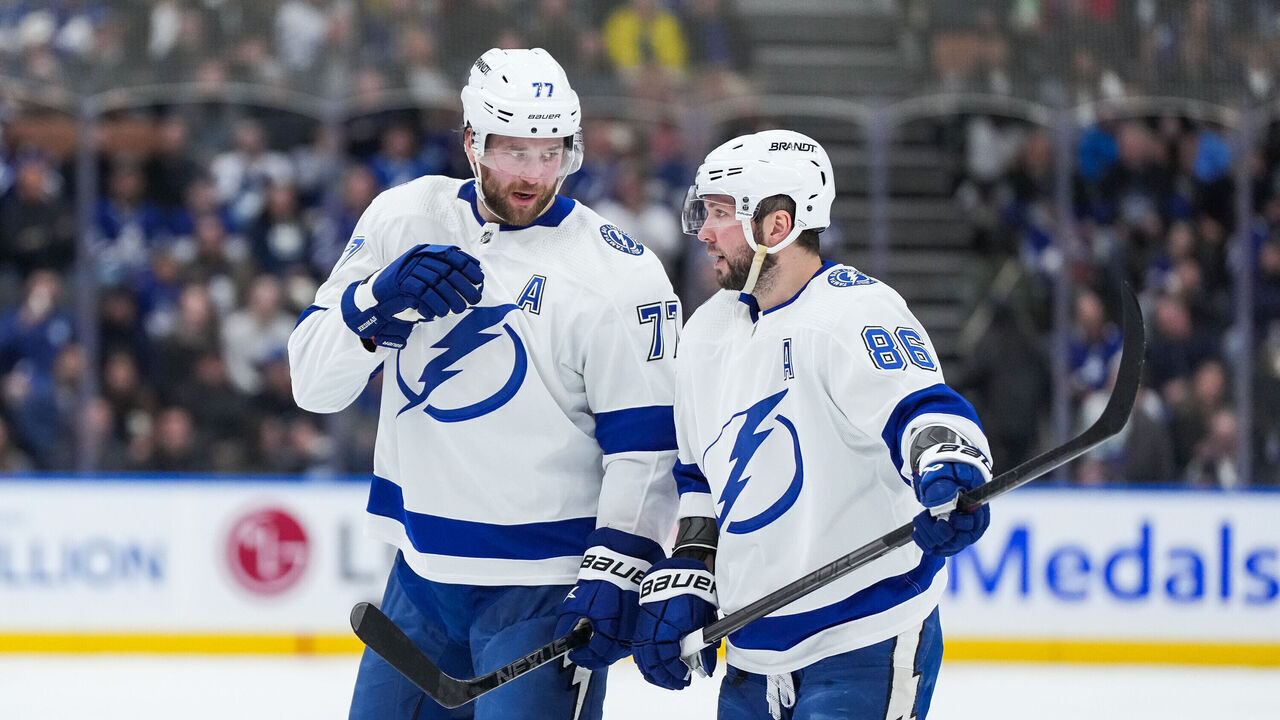 TORONTO, CANADA - APRIL 3: Victor Hedman #77 talks with Nikita Kucherov #86 of the Tampa Bay Lightning during a game against the Toronto Maple Leafs at Scotiabank Arena on April 3, 2024 in Toronto, Ontario, Canada.
