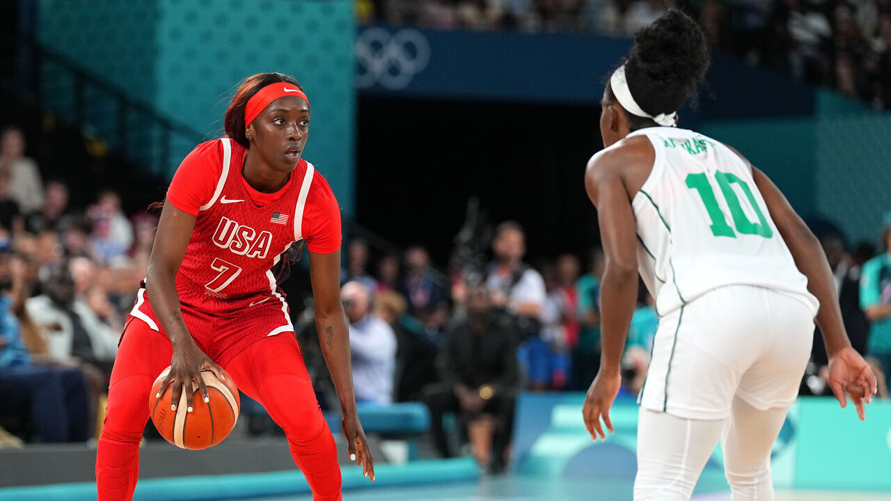 PARIS, FRANCE - AUGUST 7: Kahleah Copper #7 of the USA Women's National Team looks on during the game against Team Nigeria on August 7, 2024 at the AccorHotels Arena in Paris, France. NOTE TO USER: User expressly acknowledges and agrees that, by downloading and/or using this photograph, user is consenting to the terms and conditions of the Getty Images License Agreement. Mandatory Copyright Notice: Copyright 2024 NBAE