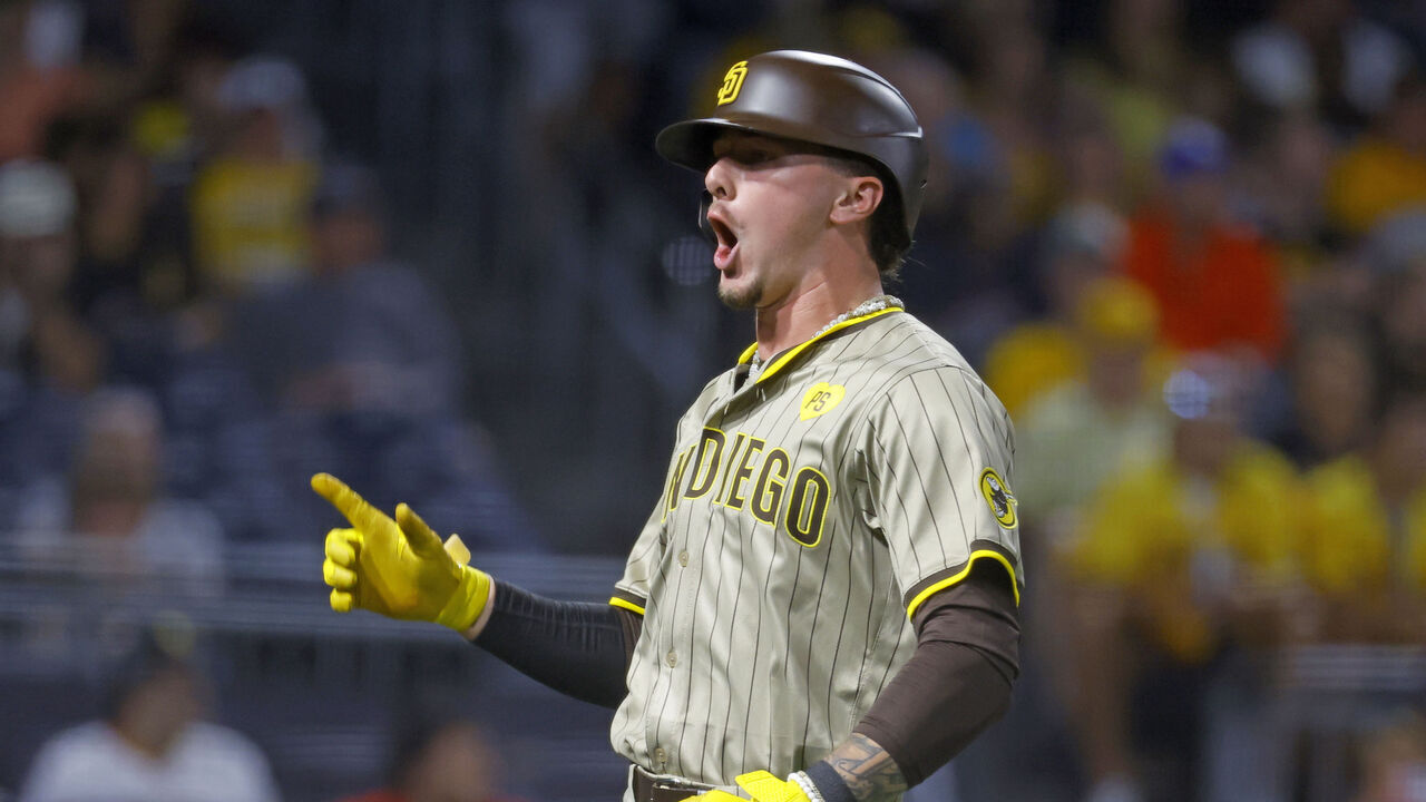 PITTSBURGH, PA - AUGUST 07: Jackson Merrill #3 of the San Diego Padres celebrates his solo home run that tied the game in the ninth inning against the Pittsburgh Pirates at PNC Park on August 7, 2024 in Pittsburgh, Pennsylvania.