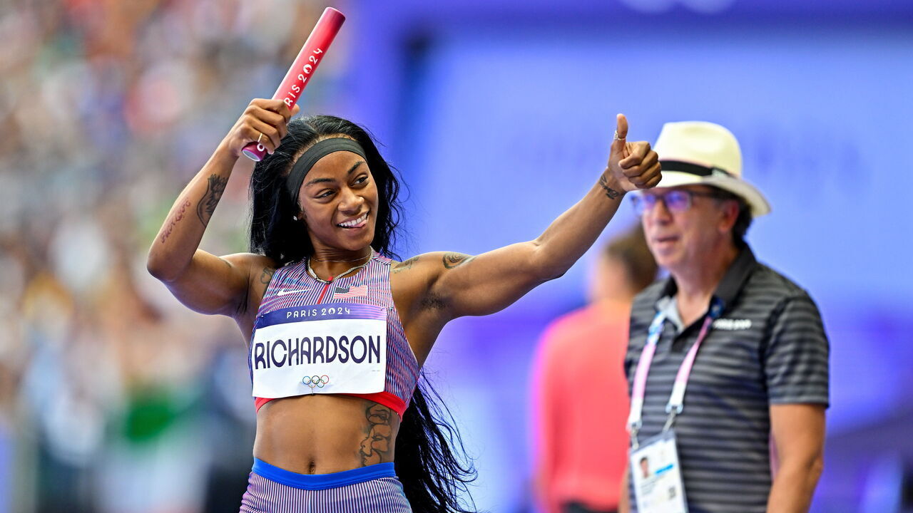 Paris , France - 8 August 2024; Sha'carri Richardson of Team United States after the women's 4 x 100m relay heats at the Stade de France during the 2024 Paris Summer Olympic Games in Paris, France.
