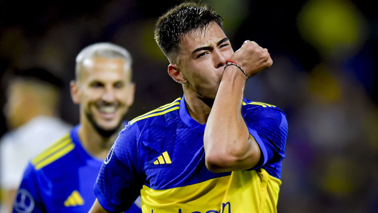 BUENOS AIRES, ARGENTINA - APRIL 9: Aaron Anselmino of Boca Juniors celebrates after scoring the team's first goal during the Copa CONMEBOL Sudamericana 2024 group D match between Boca Juniors and Sportivo Trinidense at Estadio Alberto J. Armando on April 9, 2024 in Buenos Aires, Argentina.