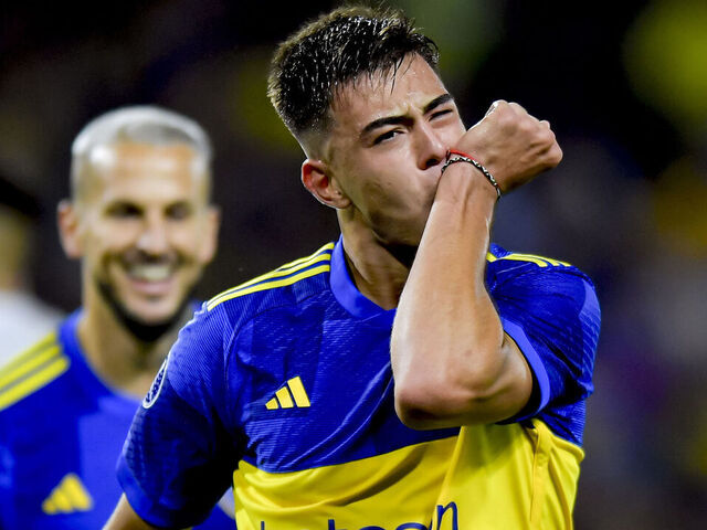 BUENOS AIRES, ARGENTINA - APRIL 9: Aaron Anselmino of Boca Juniors celebrates after scoring the team's first goal during the Copa CONMEBOL Sudamericana 2024 group D match between Boca Juniors and Sportivo Trinidense at Estadio Alberto J. Armando on April 9, 2024 in Buenos Aires, Argentina.