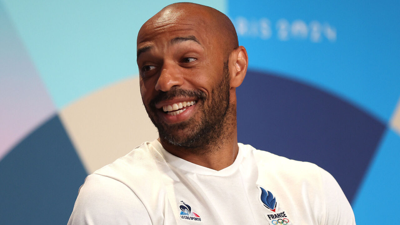 PARIS, FRANCE - AUGUST 08: Head coach Thierry Henry of Team France speaks during a Gold Medal Men's Football Press Conference on day thirteen of the Olympic Games Paris 2024 at the Main Press Centre on August 08, 2024 in Paris, France.