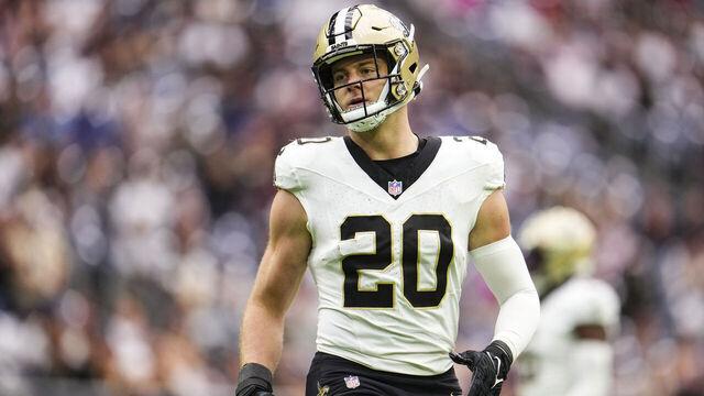 HOUSTON, TX - OCTOBER 15: Pete Werner #20 of the New Orleans Saints looks on from the field during an NFL football game against the Houston Texans at NRG Stadium on October 15, 2023 in Houston, Texas.