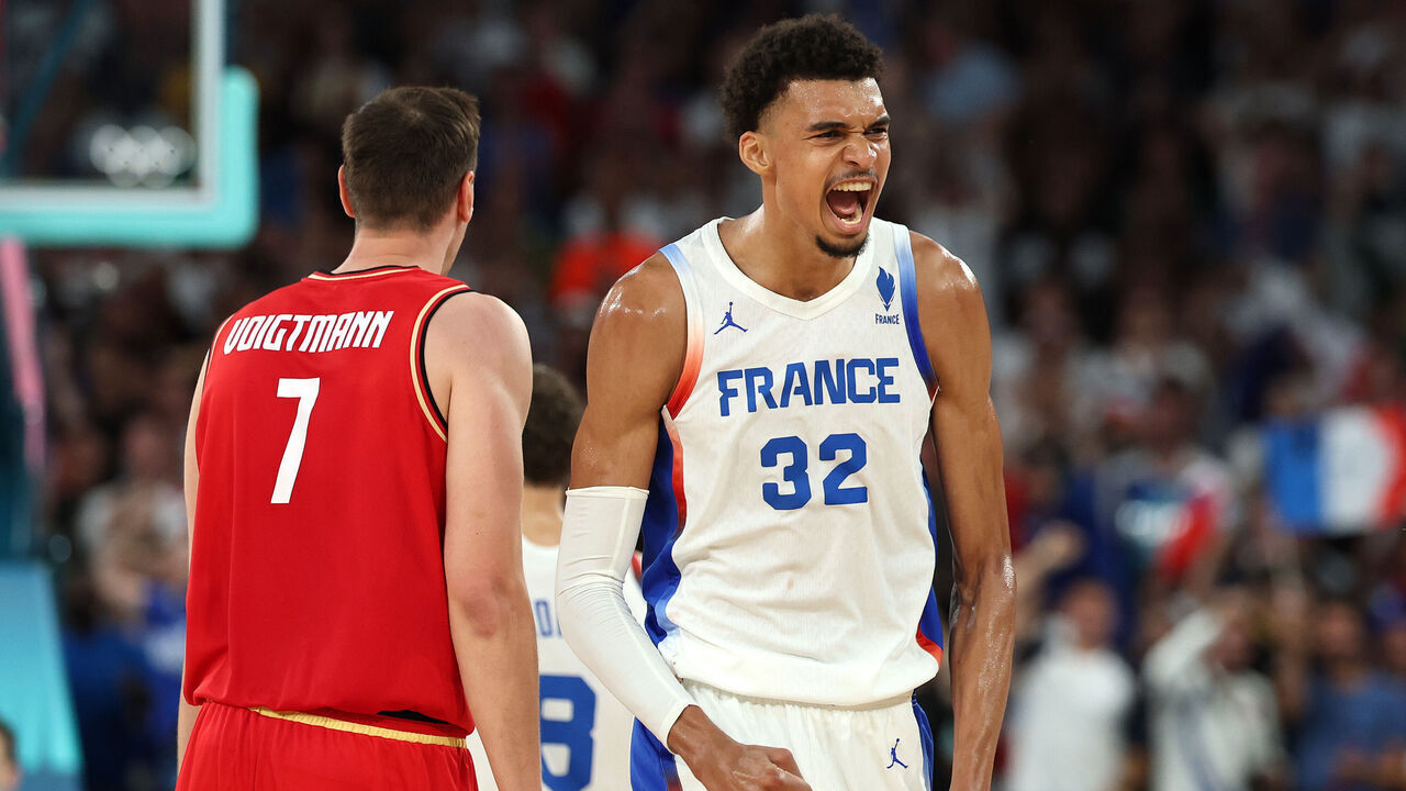 PARIS, FRANCE - AUGUST 08: Victor Wembanyama #32 of Team France reacts after a play during a Men's basketball semifinals match between Team France and Team Germany on day thirteen of the Olympic Games Paris 2024 at Bercy Arena on August 08, 2024 in Paris, France.