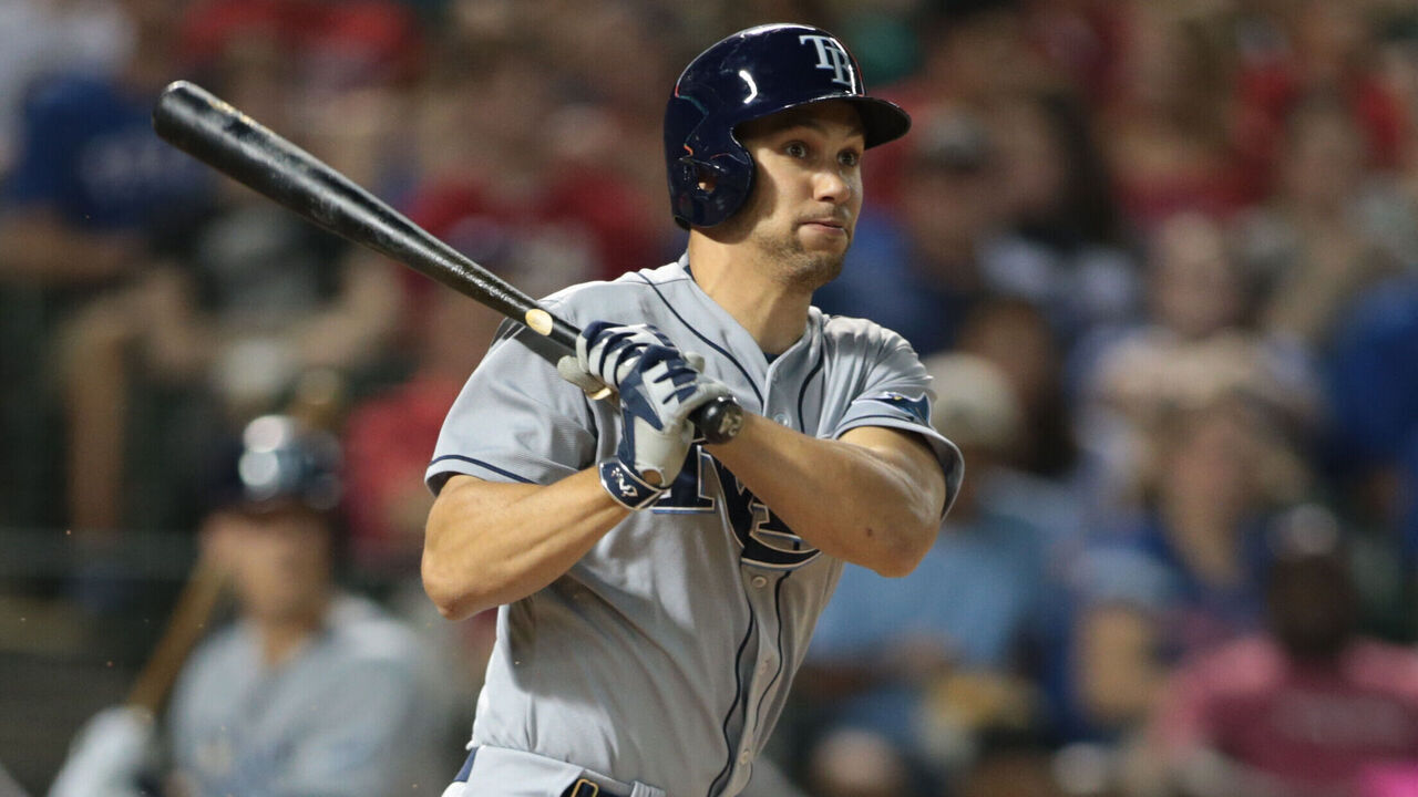 ARLINGTON, TX - AUGUST 14: Grady Sizemore #24 of the Tampa Bay Rays hits in the seventh inning against the Texas Rangers at Global Life Park in Arlington on August 14, 2015 in Arlington, Texas.