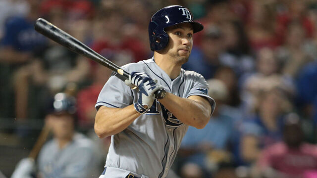 ARLINGTON, TX - AUGUST 14: Grady Sizemore #24 of the Tampa Bay Rays hits in the seventh inning against the Texas Rangers at Global Life Park in Arlington on August 14, 2015 in Arlington, Texas.