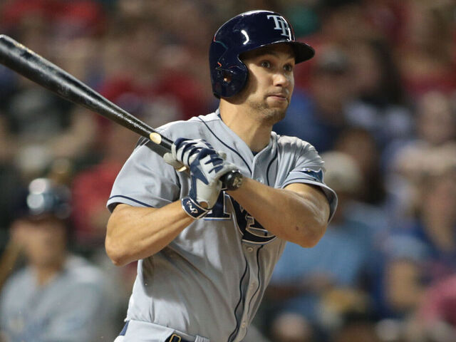 ARLINGTON, TX - AUGUST 14: Grady Sizemore #24 of the Tampa Bay Rays hits in the seventh inning against the Texas Rangers at Global Life Park in Arlington on August 14, 2015 in Arlington, Texas.