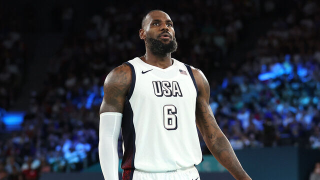PARIS, FRANCE - AUGUST 08: Lebron James #6 of Team United States prepares to shoot a free throw during a Men's basketball semifinals match between Team United States and Team Serbia on day thirteen of the Olympic Games Paris 2024 at Bercy Arena on August 08, 2024 in Paris, France.