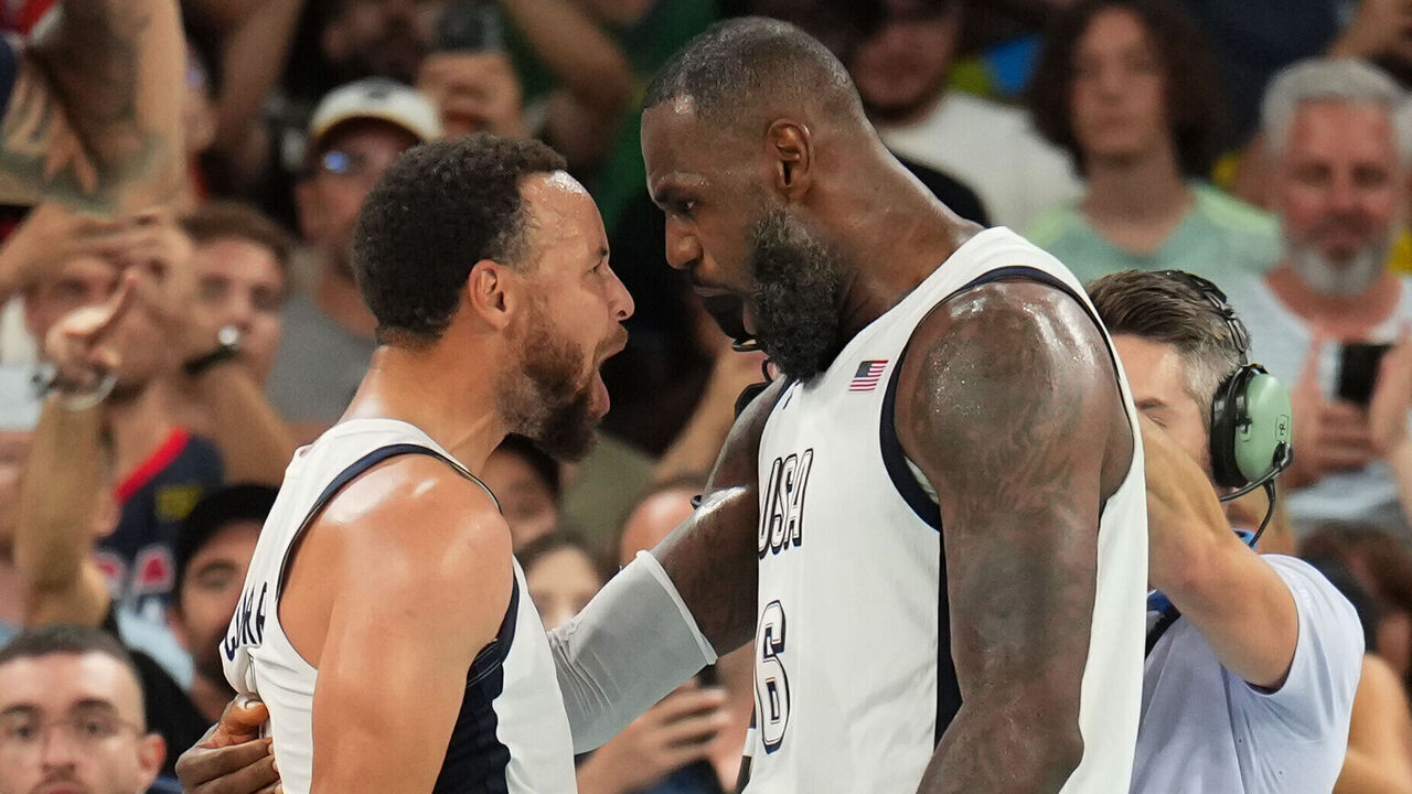 PARIS, FRANCE - AUGUST 8: Stephen Curry #4 and LeBron James #6 of the USA Men's National Team celebrates after the game during the Men's Semi-Finals on August 8, 2024 at the AccorHotels Arena in Paris, France. NOTE TO USER: User expressly acknowledges and agrees that, by downloading and/or using this photograph, user is consenting to the terms and conditions of the Getty Images License Agreement. Mandatory Copyright Notice: Copyright 2024 NBAE