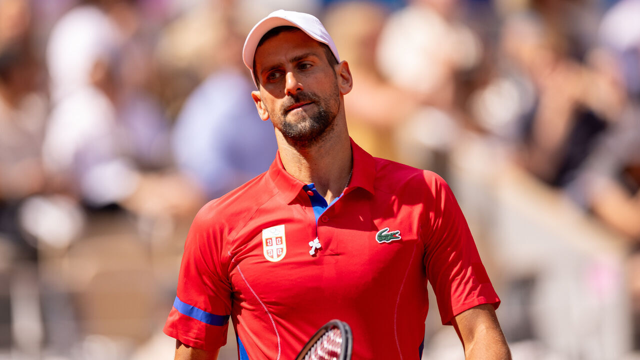 Novak Djokovic of Team Serbia looks on during the Men's Singles Gold medal match against Carlos Alcaraz of Team Spain on day nine of the Olympic Games Paris 2024 at Roland Garros on August 04, 2024 in Paris, France.