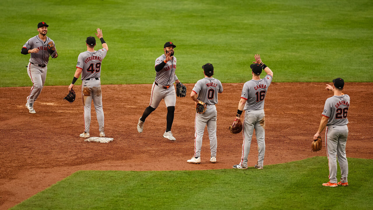 WASHINGTON, DC - AUGUST 08: Michael Conforto #8, Tyler Fitzgerald #49, Heliot Ramos #17, Brett Wisely #0, Mark Canha #16, and Matt Chapman #26 of the San Francisco Giants celebrate after the final out of the game against the Washington Nationals during the tenth inning at Nationals Park on August 8, 2024 in Washington, DC.