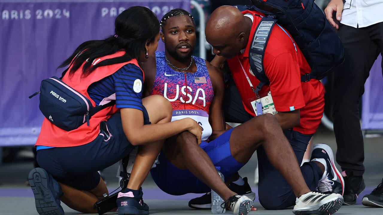 PARIS, FRANCE - AUGUST 08: Bronze medalist Noah Lyles of Team United States shows his dejection after competing in the Men's 200m Final on day thirteen of the Olympic Games Paris 2024 at Stade de France on August 08, 2024 in Paris, France.