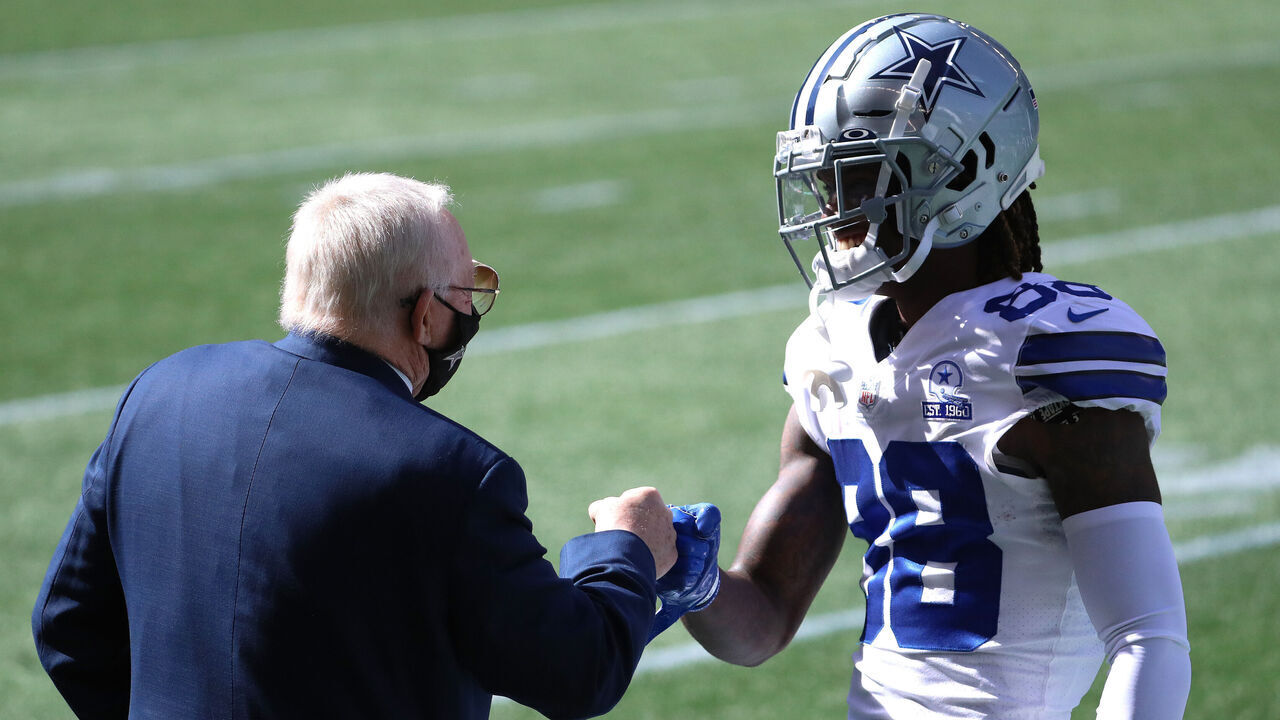 SEATTLE, WASHINGTON - SEPTEMBER 27: Dallas Cowboys Owner Jerry Jones and CeeDee Lamb #88 of the Dallas Cowboys fist bump before their game against the Seattle Seahawks at CenturyLink Field on September 27, 2020 in Seattle, Washington.