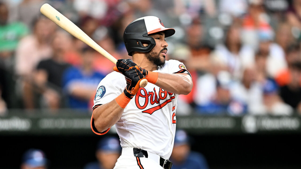 BALTIMORE, MARYLAND - JULY 30: Anthony Santander #25 of the Baltimore Orioles bats against the Toronto Blue Jays at Oriole Park at Camden Yards on July 30, 2024 in Baltimore, Maryland.