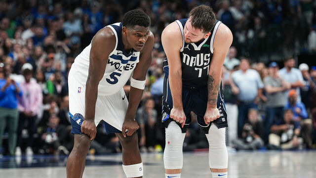 DALLAS, TX - MAY 26: Anthony Edwards #5 of the Minnesota Timberwolves and Luka Doncic #77 of the Dallas Mavericks looks on during the game during Game 3 of the Western Conference Finals of the 2024 NBA Playoffs on May 26, 2024 at the American Airlines Center in Dallas, Texas. Mandatory Copyright Notice: Copyright 2024 NBAE