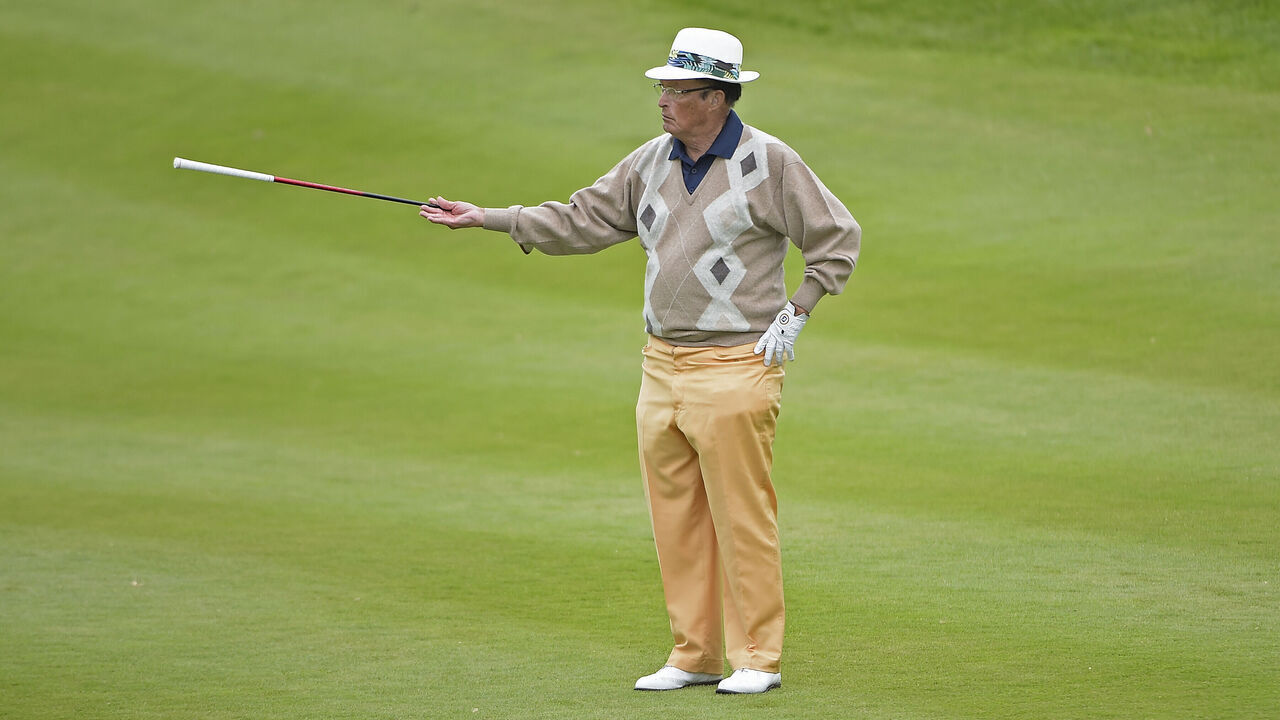 RIDGEDALE, MO - APRIL 24: Chi Chi Rodriguez holds out his club after playing a chip on the 8th hole during the first round of the Champions Tour Bass Pro Shops Legends of Golf at Big Cedar Lodge at Top of the Rock on April 24, 2015 in Ridgedale, Missouri.