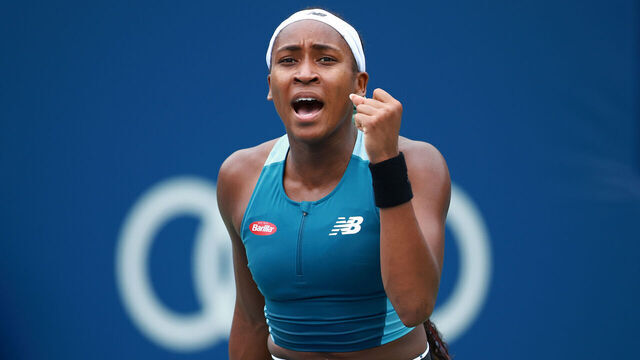 TORONTO, ON - AUGUST 08: Coco Gauff of the United States celebrates after winning her match against Yafan Wang of China during Day 3 of the National Bank Open, part of the Hologic WTA Tour at Sobeys Stadium on August 8, 2024 in Toronto, Ontario, Canada.
