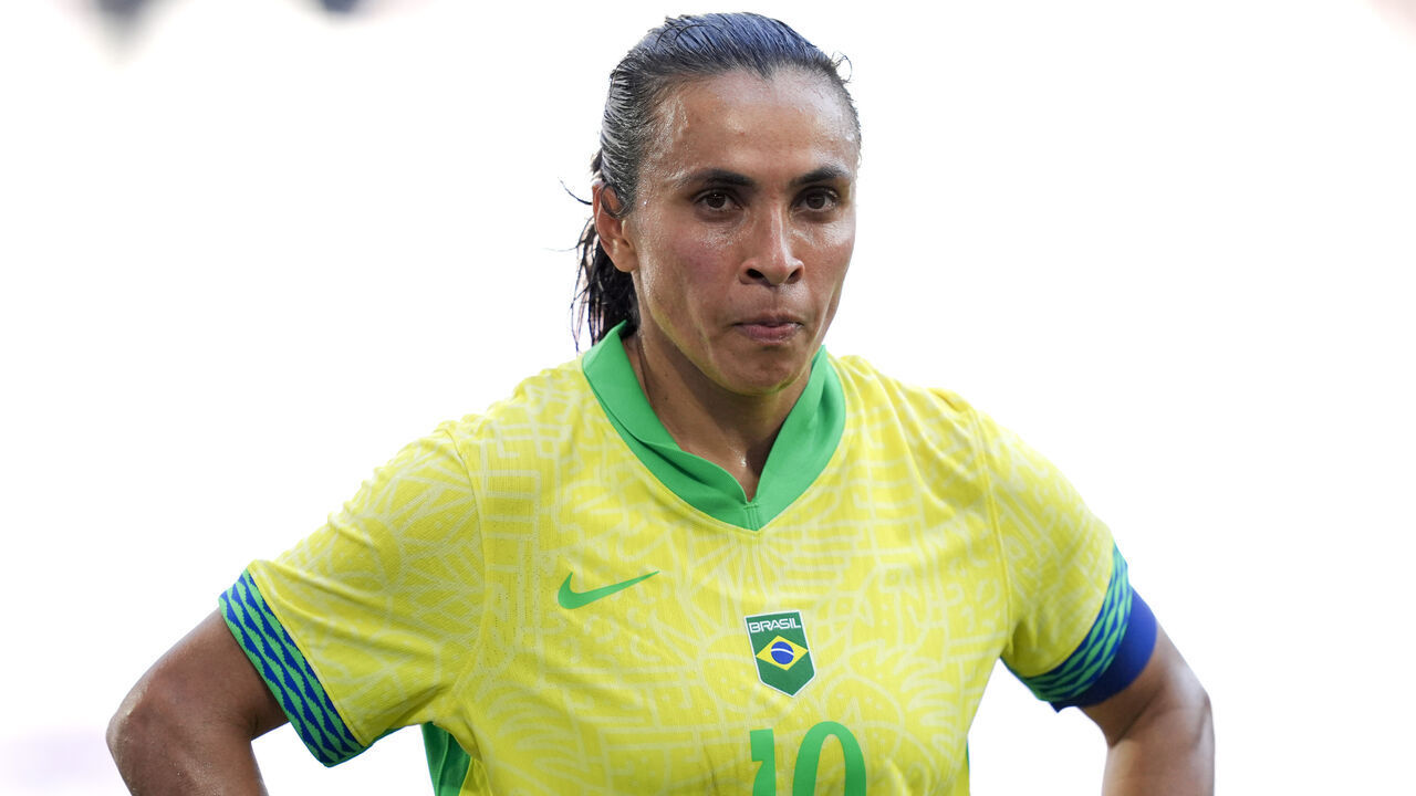 BORDEAUX, FRANCE - JULY 31: Marta #10 of Team Brazil reacts during the Women's group C match between Brazil and Spain during the Olympic Games Paris 2024 at Nouveau Stade de Bordeaux on July 31, 2024 in Bordeaux, France.