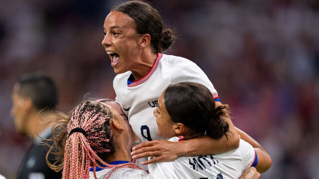 MARSEILLE, FRANCE - JULY 28: Trinity Rodman #5, Mallory Swanson #9 and Sophia Smith #11 of the United States celebrate a goal during the Women's Group B match between Germany and USWNT during the Olympic Game Paris 2024 at Stade de Marseille on July 28, 2024 in Marseille, France. .