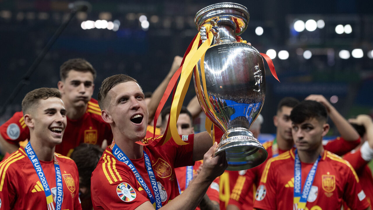 BERLIN, GERMANY - JULY 14: Dani Olmo of Spain celebrates winning the UEFA EURO 2024 final match between Spain and England at Olympiastadion on July 14, 2024 in Berlin, Germany.