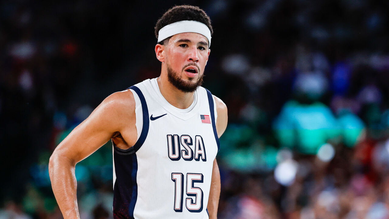 PARIS, FRANCE - AUGUST 08: Devin Booker of United States gestures during the Men's Semifinal Basketball match between United States and Serbia during the Paris 2024 Olympics Games at Bercy Arena on August 8, 2024 in Paris, France.