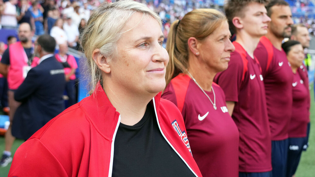 LYON, FRANCE - AUGUST 06: Emma Hayes, Head Coach of the United States looks on during the Women's semifinal match between United States of America and Germany during the Olympic Games Paris 2024 at Stade de Lyon on August 06, 2024 in Lyon, France.