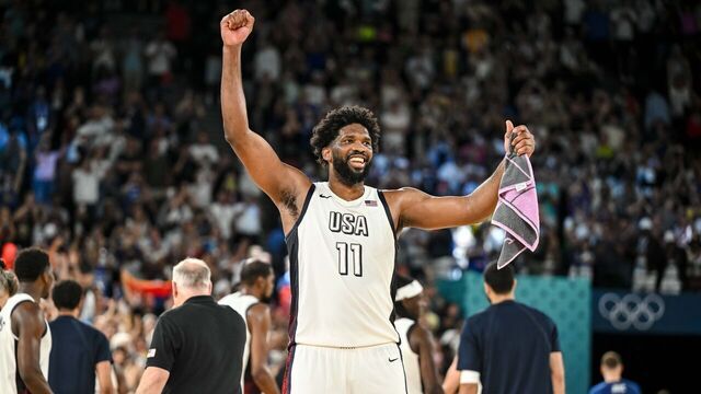 Joel Embiid of USA gestures, cheer during the Men's Basketball semi-final match between USA and Serbia on Day 13 of the Olympic Games Paris 2024 at Bercy Arena on August 8, 2024 in Paris, France.